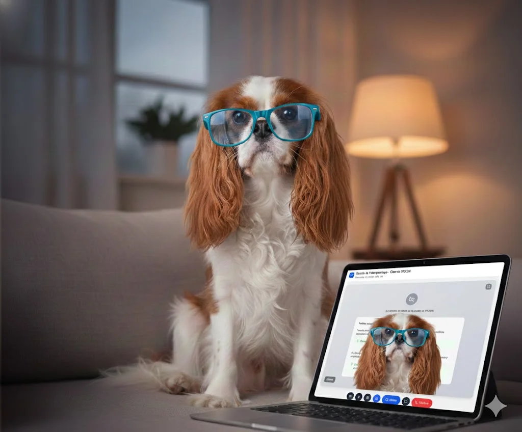 Perro con gafas realizando un videoperitaje
